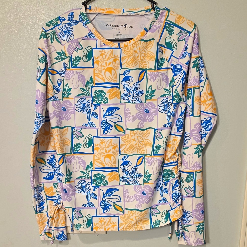 Caribbean Joe White Blue Floral Knit Stretch Crew Neck Pullover Top Size M#364